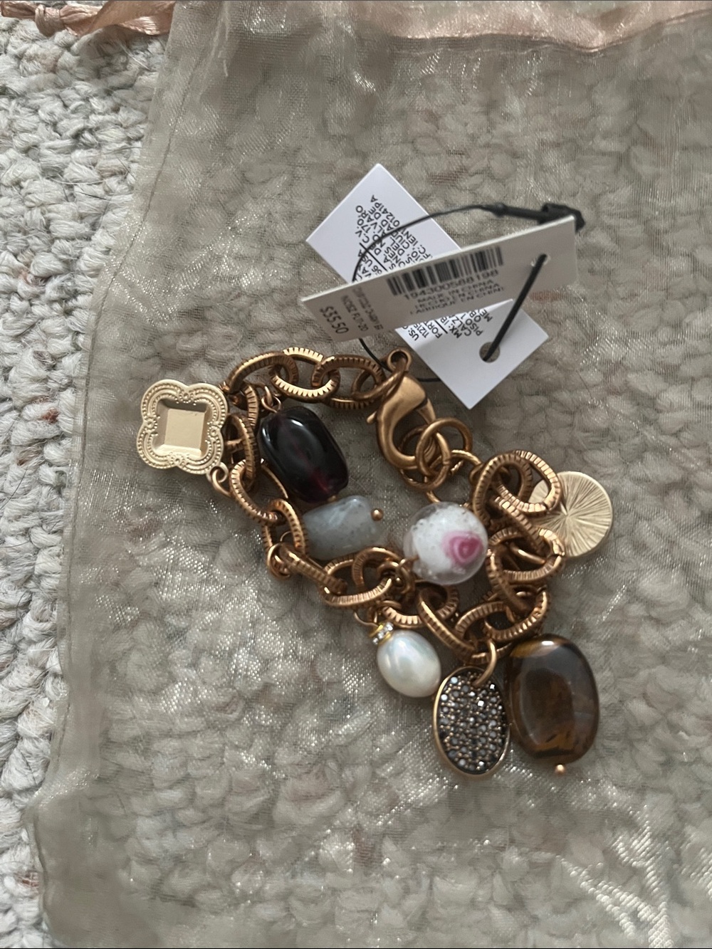 Chico's Gold-Tone Multi-Bead Charm Bracelet with Pearl and Brown Accents